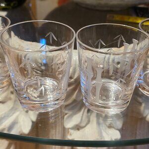 Noritake Sasaki Japan Etched Bamboo Old Fashioned Glasses MCM Barware Set of 4